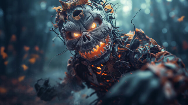 A skeletal figure with glowing eyes and a mouth full of jagged teeth rises from the forest floor amidst fallen leaves and eerie shadows - Powered by Adobe