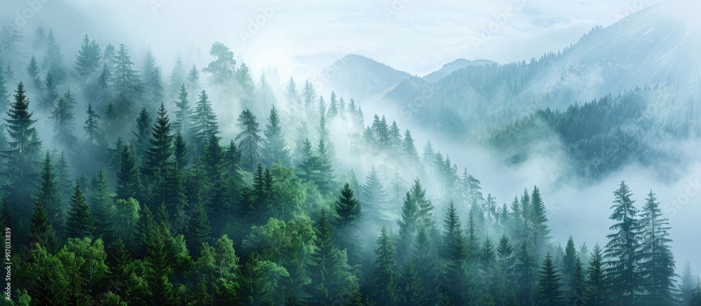 Poster scenic view of mist covered pine forest on mountain slope in a nature reserve with copy space image