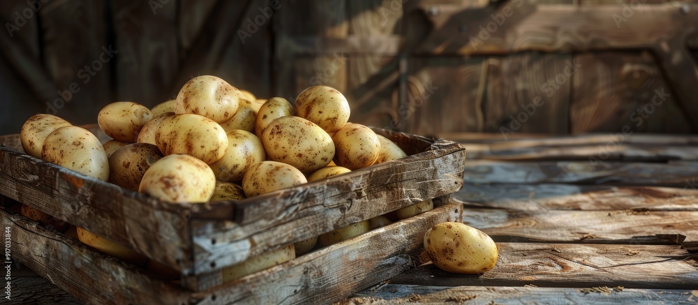 Poster Potatoes set in a rustic wooden crate with a background ideal for adding text or images a copy space image