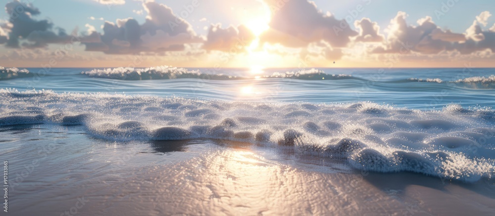 Poster Sandy beach foreground with sun rays shining over the sea in the distance creating a serene copy space image