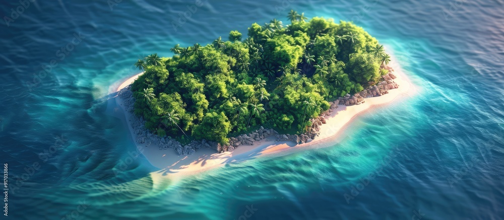 Poster aerial photo of a small white sandy island surrounded by a deep blue sea and lush green trees captur