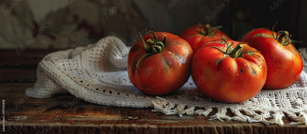 Aufkleber Grandmother s harvest in the village three vibrant juicy tomatoes on a table with a white knitted tablecloth creating a rustic scene with a copy space image
