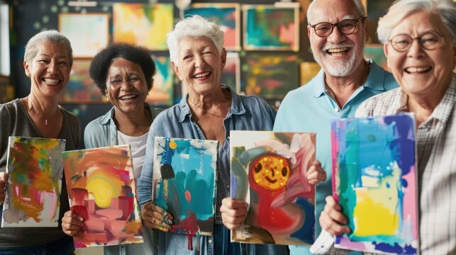 Diverse senior artists display their vibrant paintings in an art class at the community center