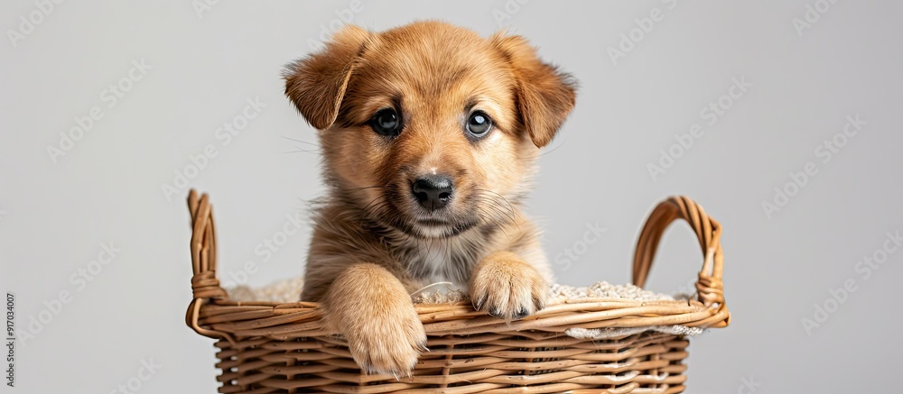 Poster a small puppy sits in a basket against a blank white backdrop providing copy space image
