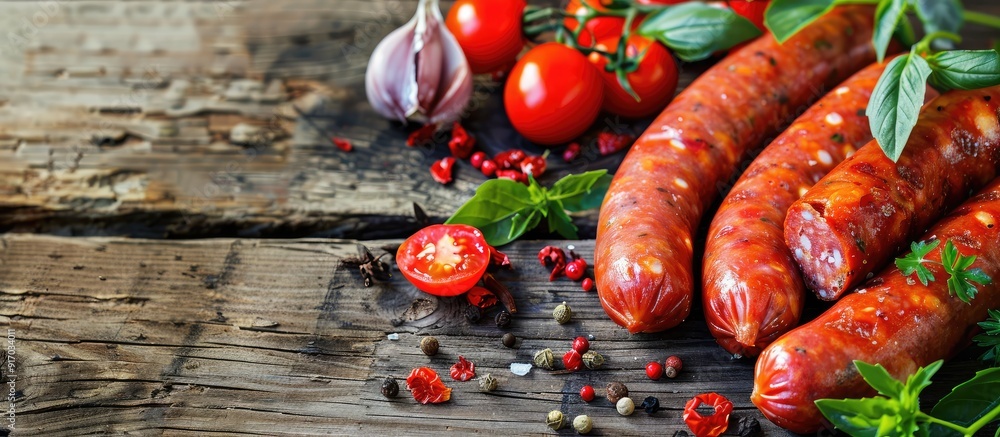 Poster Selective focus on raw sausages with tomatoes and spices on a wooden background providing a rustic appearance ideal for a copy space image