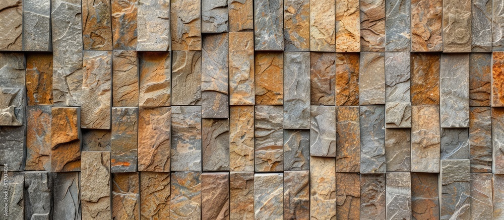 Poster Rectangular sandstone sticks in various colors used as wall cladding to enhance the house wall creating a visually appealing backdrop for a copy space image