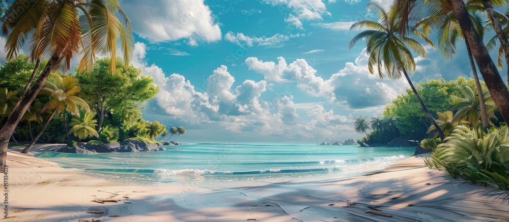 Poster Excited and prepared for a summer getaway to a tropical beach paradise with swaying palm trees perfect for a relaxing escape. . image with copy space