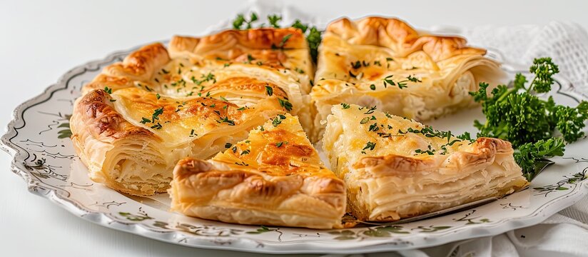 Round Borek cheese pie slices on a kitchen tray with herbs displayed against a white background for a copy space image