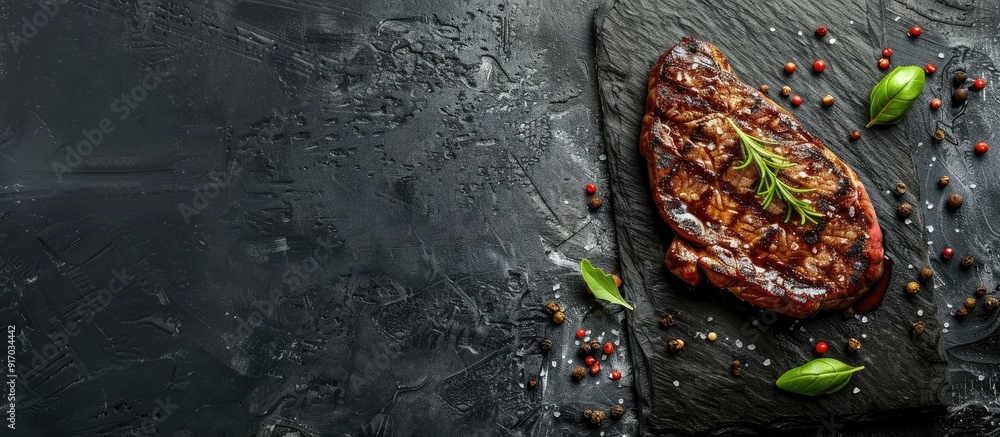 Poster A top down view of a medium rare grilled beef steak placed on a black stone table with ample copy space image available