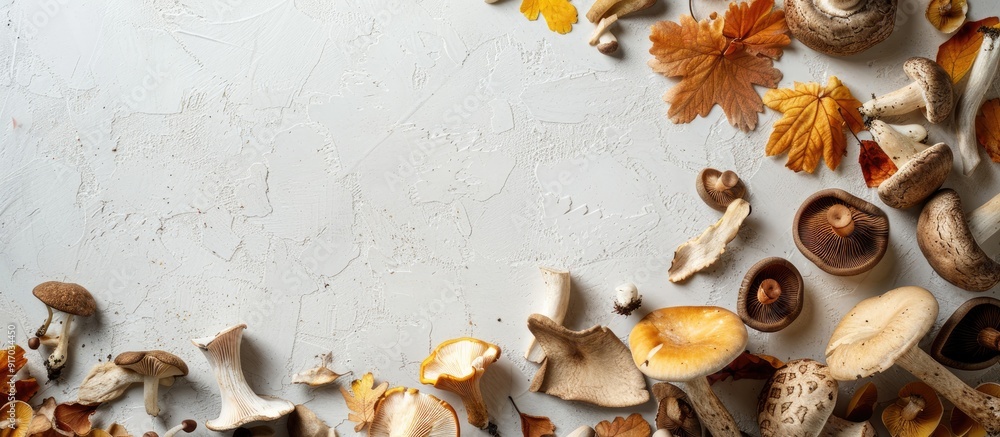 Aufkleber Empty table covered with a variety of dried mushrooms like porcini aspen and boletus on a white surface with clear space for text or images. copy space available