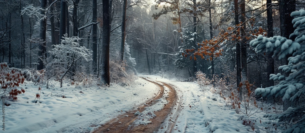 Poster A scenic wintry path meanders through a snowy forest setting with a captivating copy space image