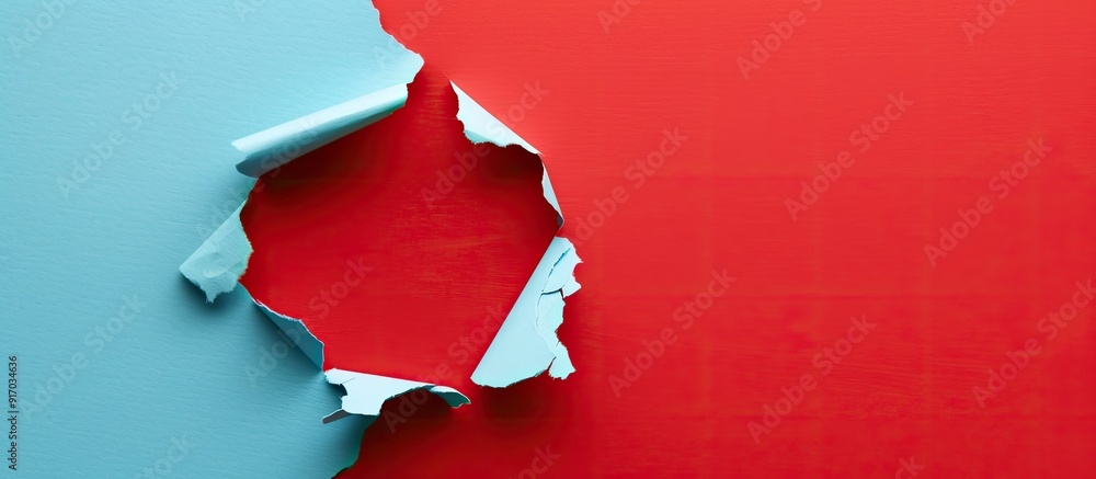 Leinwandbilder a hole in light blue paper with a red background serves as a striking copy space image