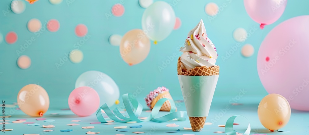 Aufkleber gift box cone and balloons on a bright background with copy space image