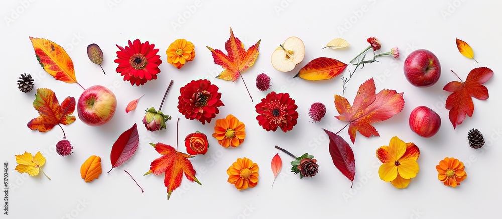 Poster flat lay arrangement showcasing vibrant autumn leaves flowers and small red apples on a white backdr