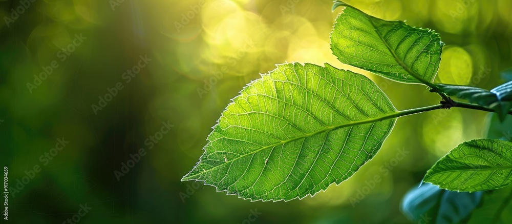 Fototapete green leaf in a natural setting with a serene copy space image of nature in the background