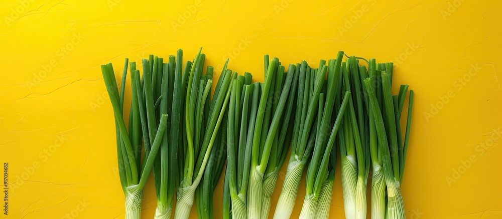 Poster copy space image with green onions set against a yellow backdrop