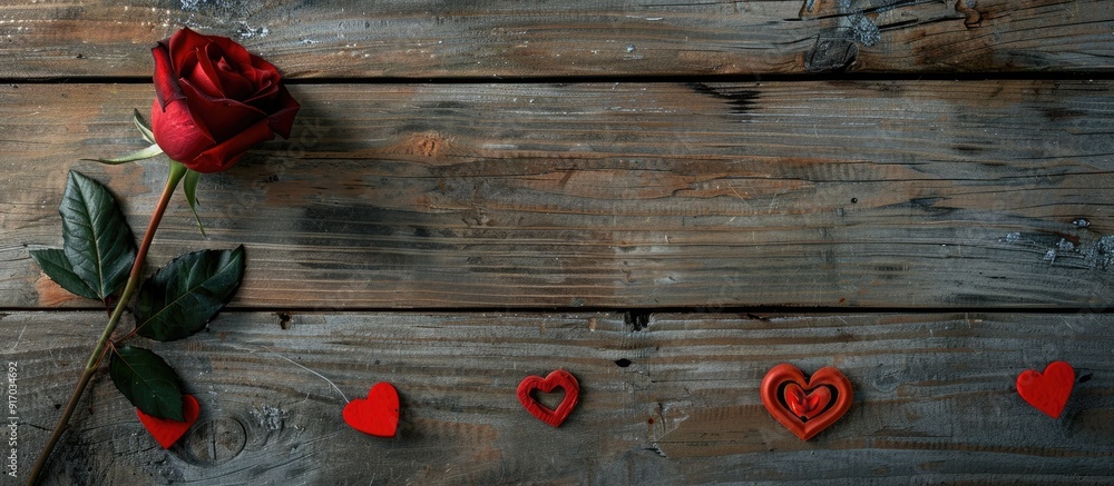 Leinwandbilder view from above showing a red rose and heart decorations for valentine s day on a wooden surface wit