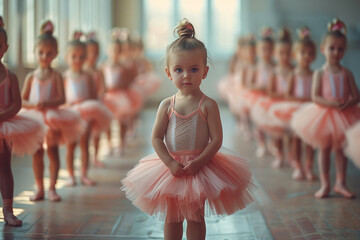 Group of adorable baby ballerinas in pink tutus practice ballet positions, showcasing their grace and enthusiasm in a bright spacious dance studio