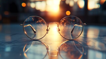 Vintage round eyeglasses, white marble countertop, warm sunset light, reflections in lenses, shallow depth of field, bokeh background, golden hour, indoor setting.