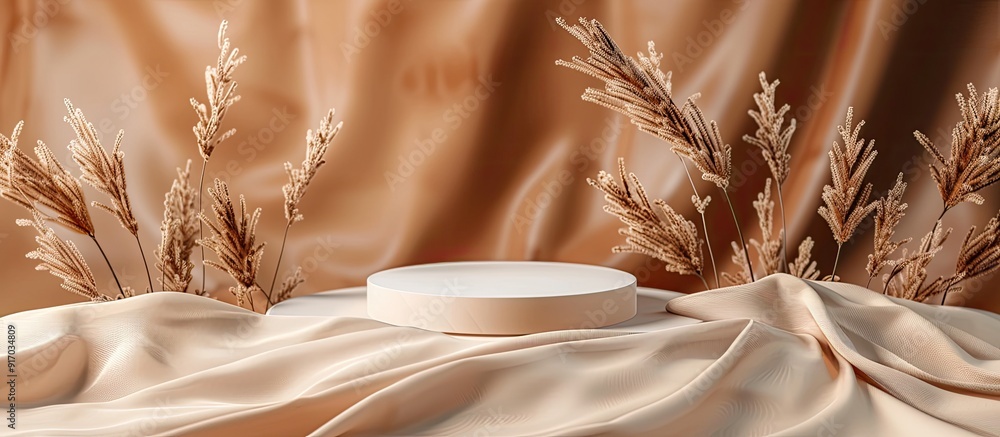 Poster A blank podium set on beige fabric with dry grass is perfect for showcasing cosmetic perfume and product items with a copy space image