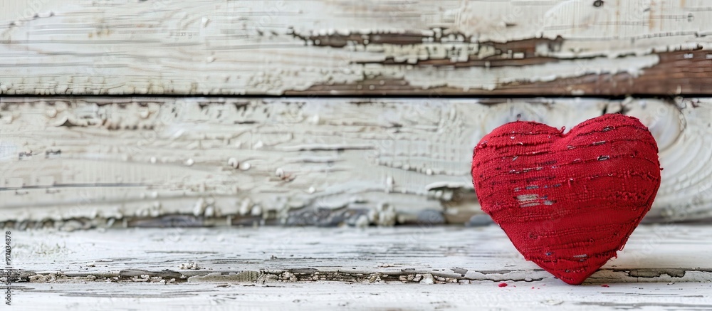 Wall mural A red heart shaped cushion close up on weathered white wood with copy space image for Valentine s background symbolizing the concept of love