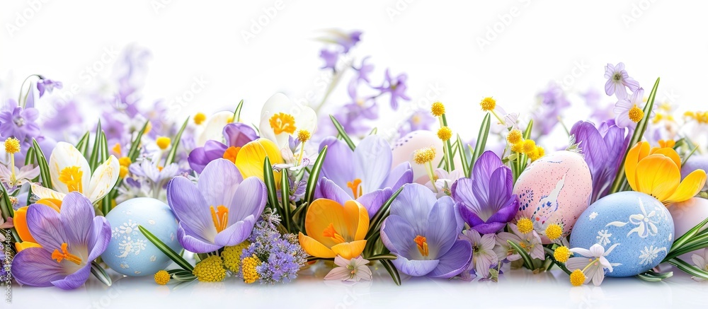 Poster easter eggs crocuses and other spring flowers on a white background with copy space image perfect fo