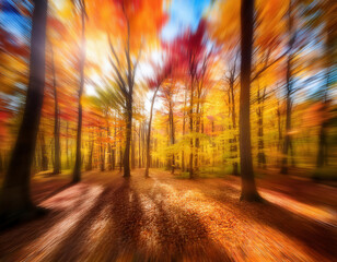 Abstract impressionist-style illustration  of a forest in autumn, with blurred trees 
