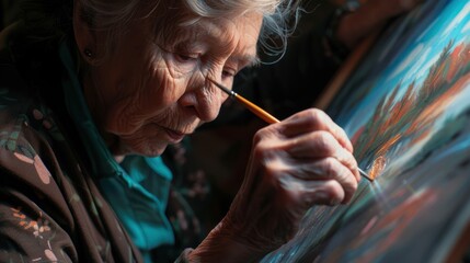 Obraz premium Elderly woman is carefully applying oil paint to a canvas using a fine brush