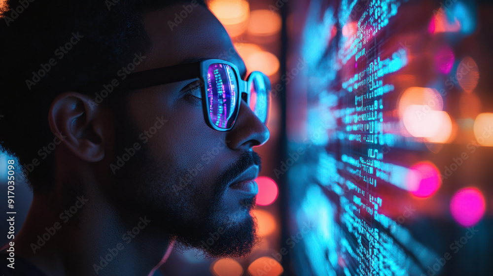 Poster ethical hacking, a side view of a focused hacker wearing thick-rimmed glasses, his eyes fixed on a f