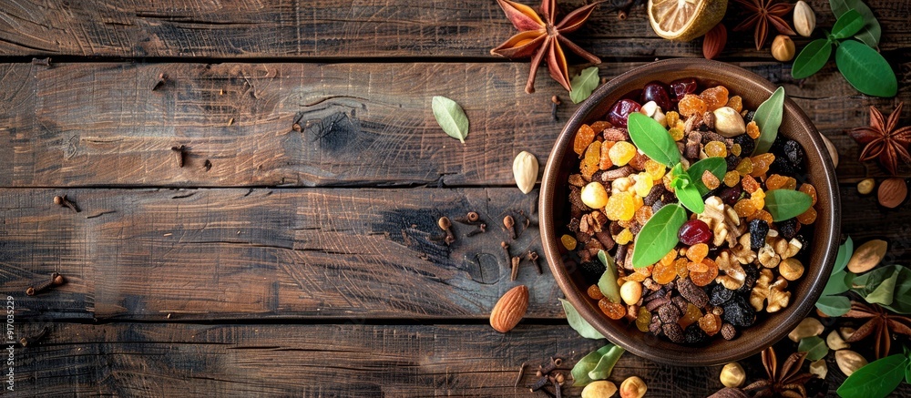 Poster top view of dried fruits nuts in bowl with copy space image on a wooden table garnished with green l
