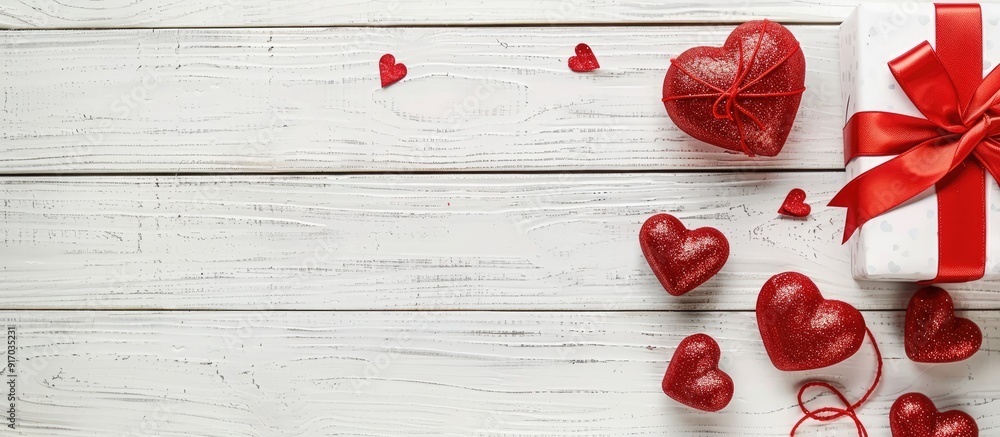 Leinwandbilder red toy hearts and a gift box for valentine s day arranged on a white wooden table with a top down v