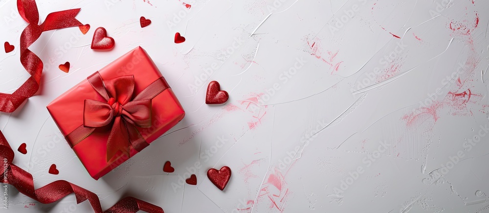 Poster A red gift box adorned with a matching ribbon and bow set on a white background embellished with red hearts perfect for a holiday web banner Top view with copy space image