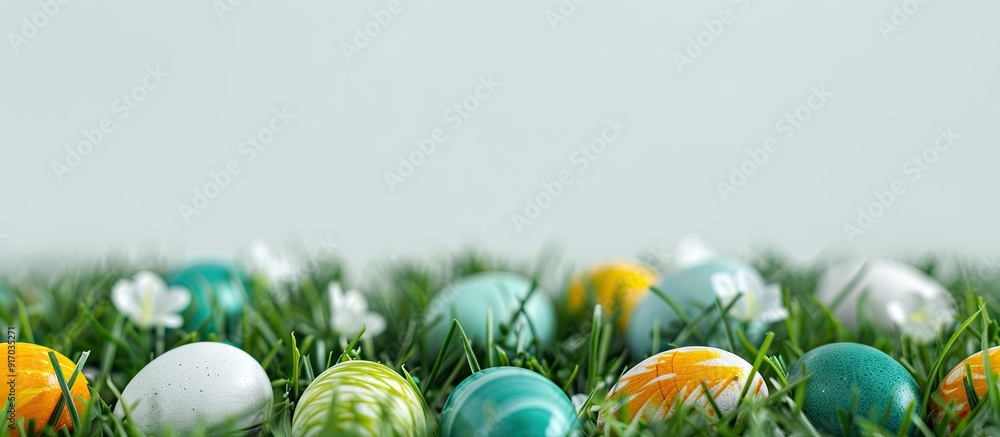 Poster Spring grass hosting vibrant eggs creating a cheerful Easter themed copy space image