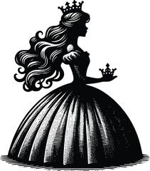 Silhouette of a girl with a crown on her head. Beauty salons and hair care symbols of princesses and Queen