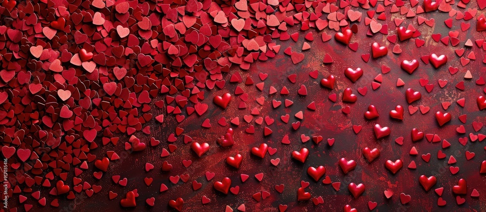 Poster Valentine s Day background featuring red hearts confetti texture perfect for adding a message with copy space image