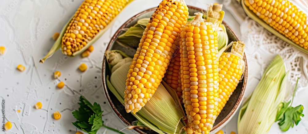 Poster grilled corn cobs in a bowl on a white tile table perfect for your copy space image