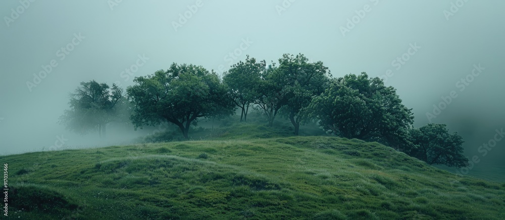 Poster trees are concealed by a hill in the copy space image