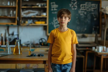 Obraz premium Young boy in a yellow t-shirt stands in a classroom with a blackboard and lab equipment.