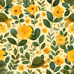 Colorful turtle and floral pattern with vibrant yellow flowers and green leaves.