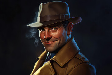 A sly detective with piercing eyes and a mischievous smile poses confidently in a classic trench coat and fedora, emanating intrigue and mystery.