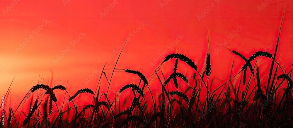 Poster Cereal ears silhouettes stand out against a red sunset sky creating a distinctive concept with ample copy space for customization