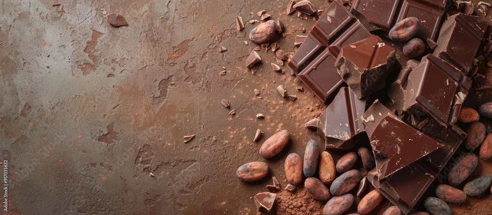 Poster Chocolate bar fragments with cocoa beans on a brown concrete backdrop with copy space image