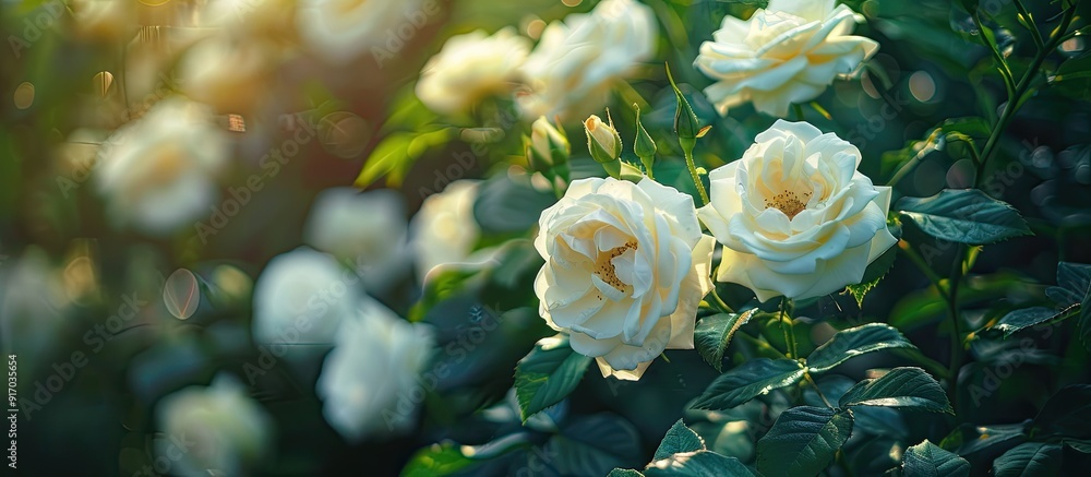 Poster a detailed close up of white roses blooming in a summer garden creating a picturesque nature backgro