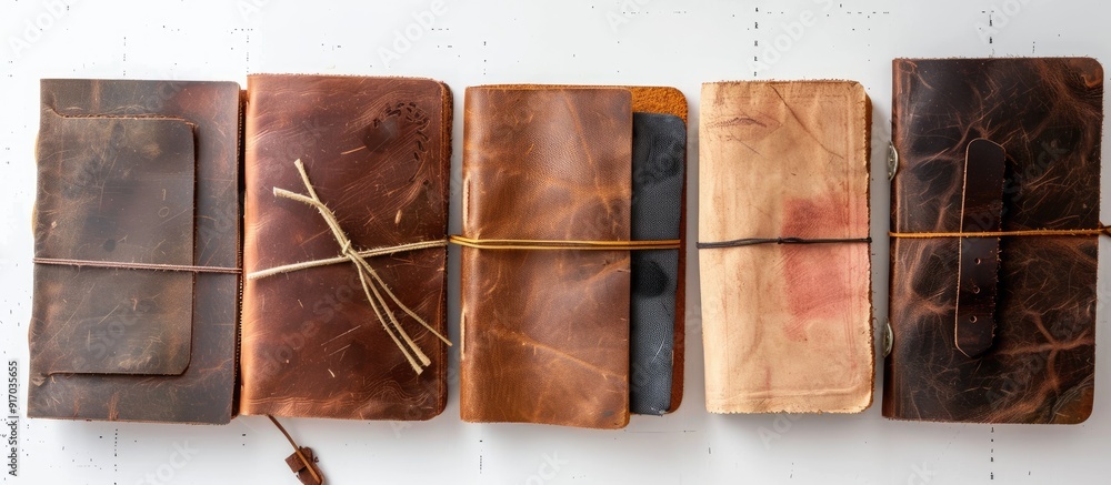 Poster leather notebooks displayed on a white background with copy space image