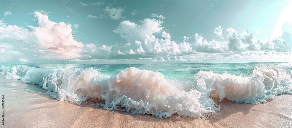 Poster stunning beach scene with white sand and powerful waves perfect for a copy space image