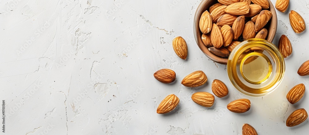 Poster a jar of almond oil placed near a bowl of almonds on a white background viewed from the top creating