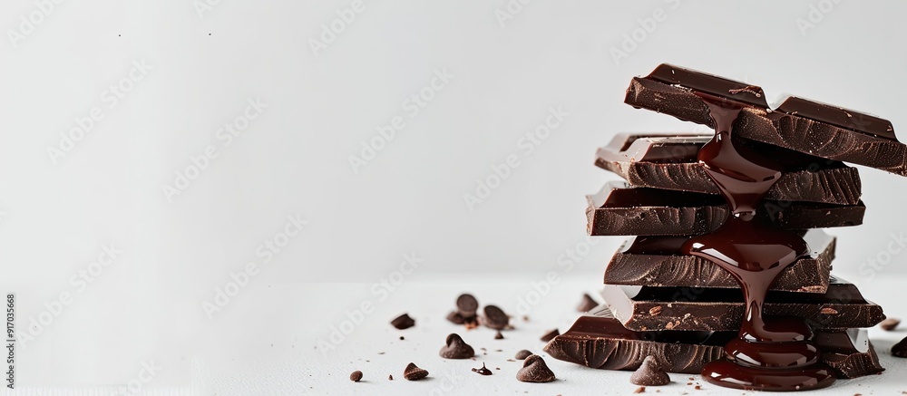 Poster Dark chocolate pieces stacked with chocolate syrup on a white background ideal for showcasing with copy space image included