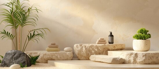 A podium constructed from rocks set up for showcasing spa items with copy space image available