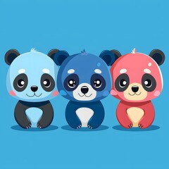 Obraz premium Three cute cartoon pandas in vibrant colors, perfect for children's illustrations.