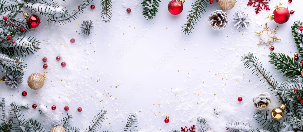Aufkleber top view copy space image of a snow covered white background adorned with christmas tree decorations